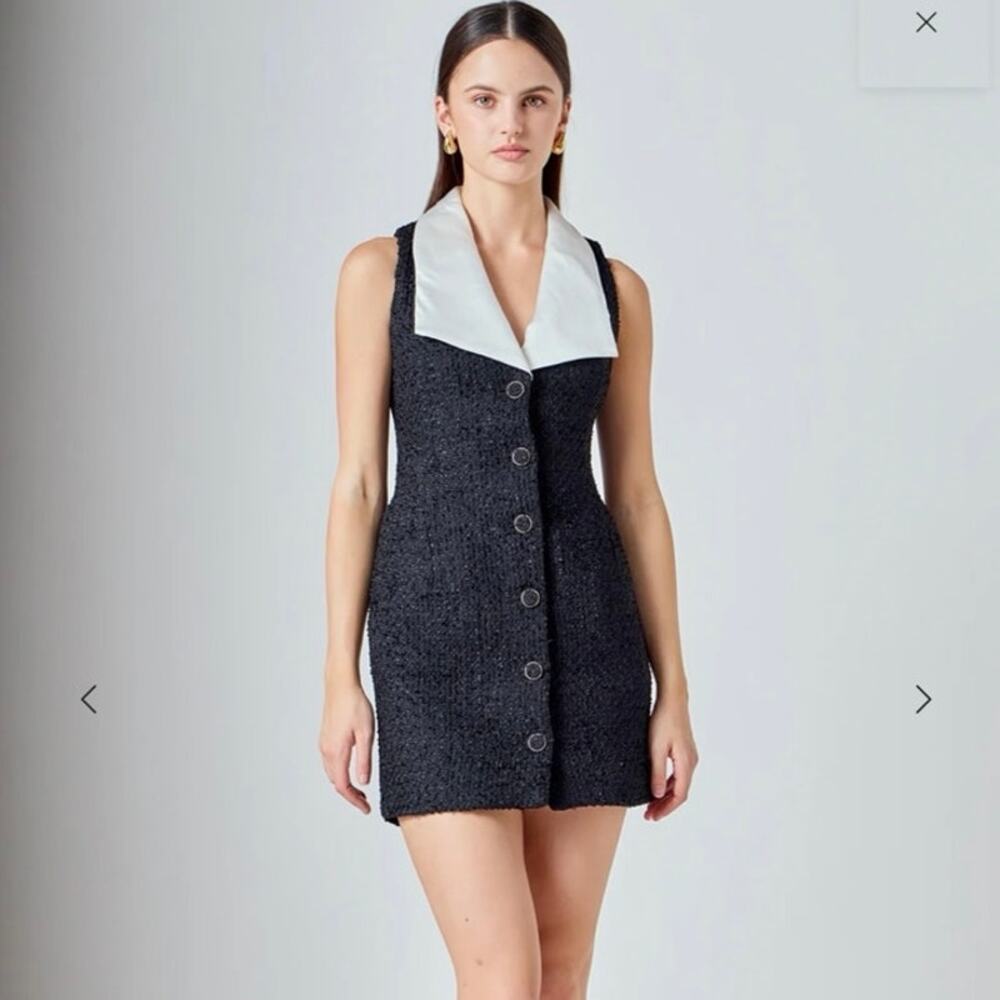 Endless Rose PREMIUM SLEEVELESS TWEED MINI DRESS collared button front Large NWT
